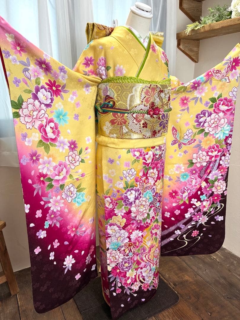 振袖フルセット　1127 黄色　正絹　振袖　格安！