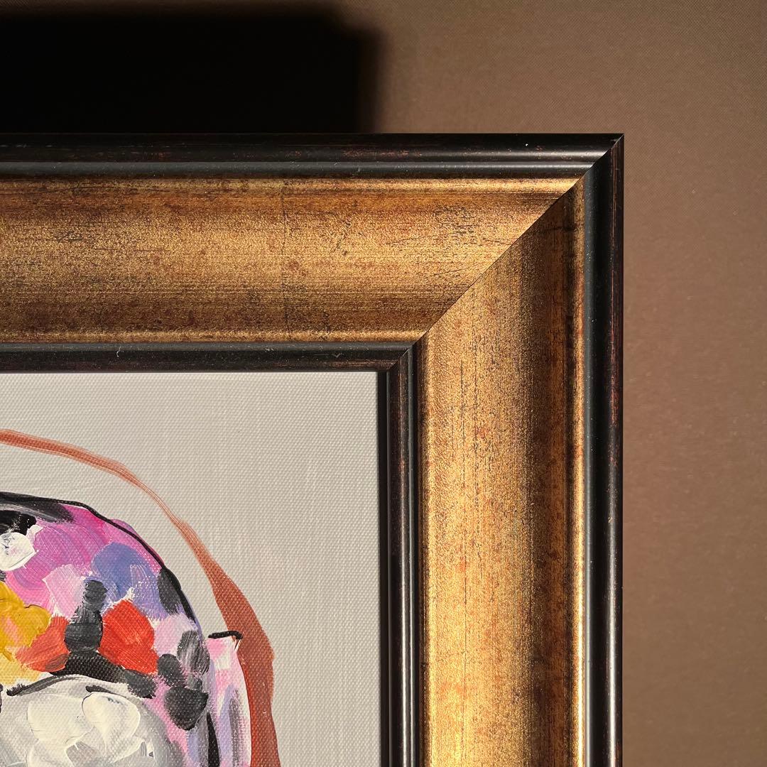 手書き油絵 フットドッグ 額付 絵画 インテリア 油彩画