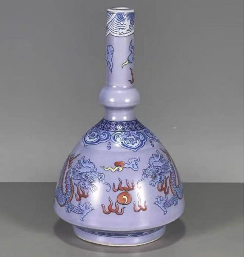 中国古美術・旧蔵粉彩　紫釉浮彫 開運龍紋瓶・置物・極細工・純手描き・旧家珍蔵