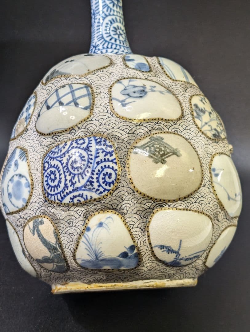 有田焼 古伊万里 古染付 陶片張 蛸唐草文 陶片 大徳利 酒器 花瓶 時代物骨董