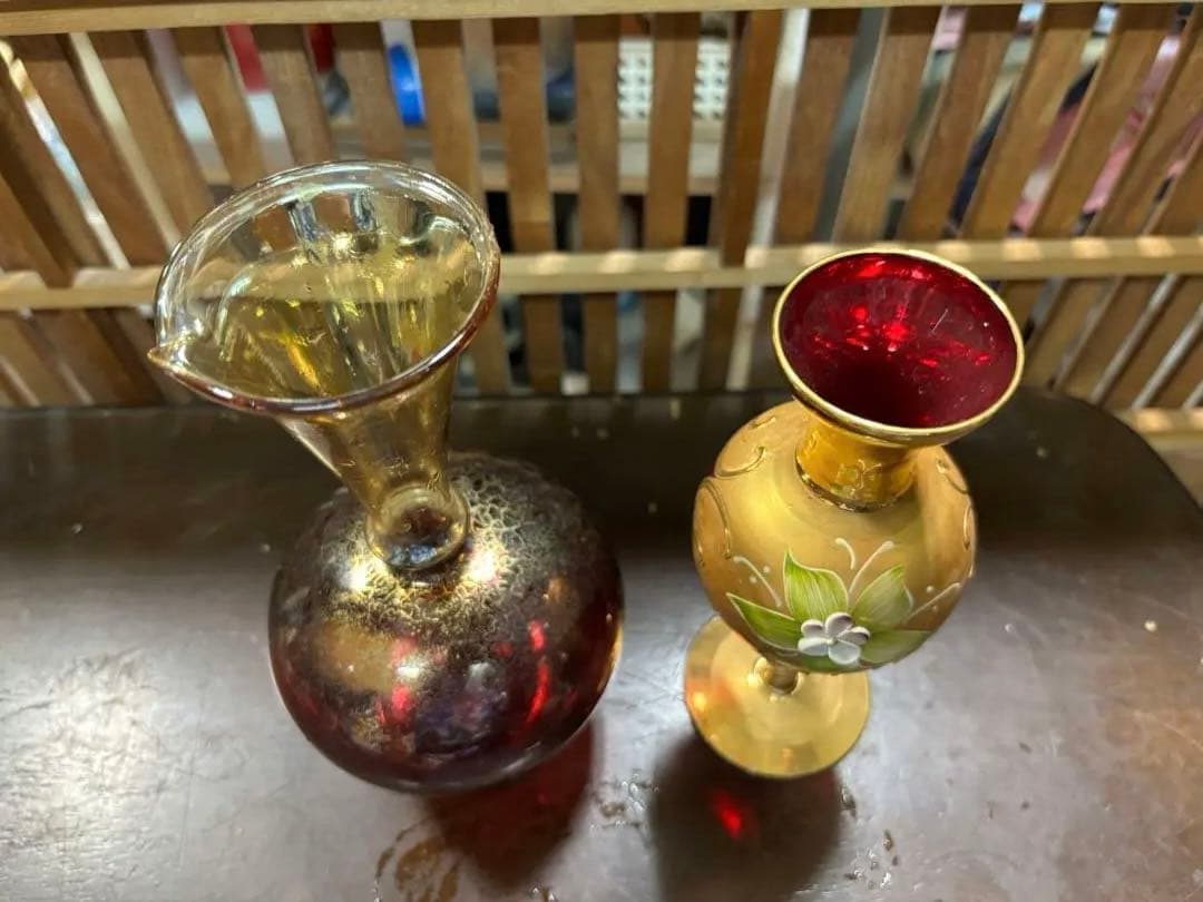 ベネチアンガラス 一輪挿し 赤と金のガラス花瓶 2点セット 大特価