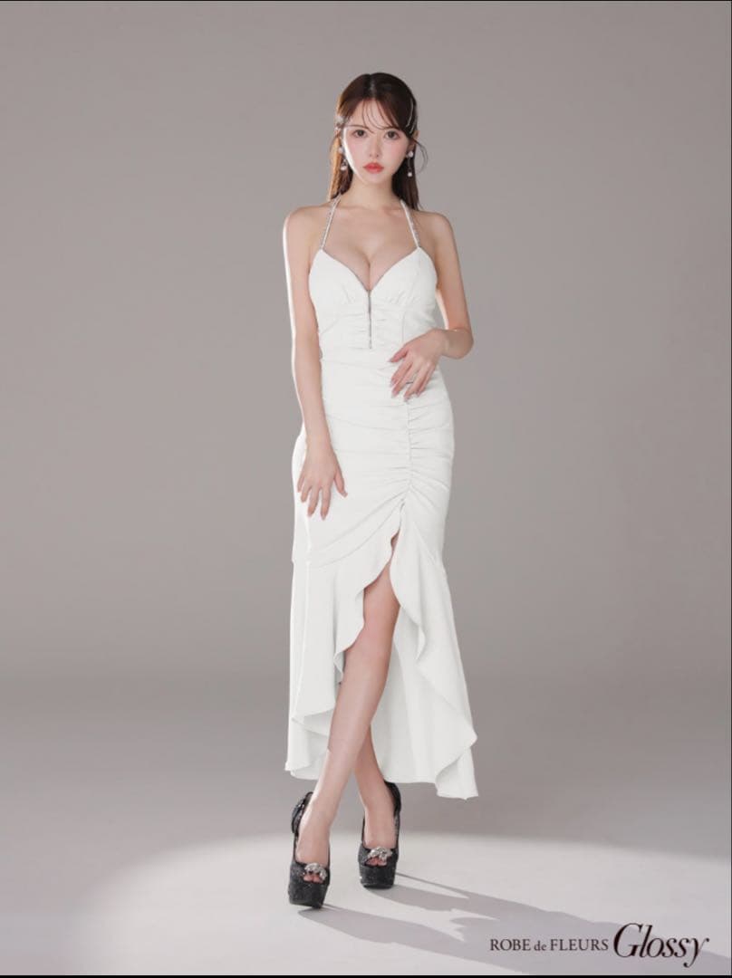 美品ラメ/ フリル/ スリット/ キャミ/ ロングドレス/ キャバドレス