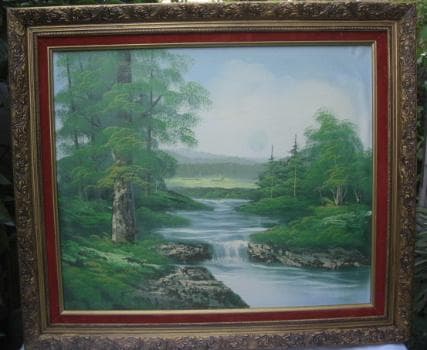 絵画アンテック・コレ大型油絵「朝モヤのささやき」ビンテージ品!R050923