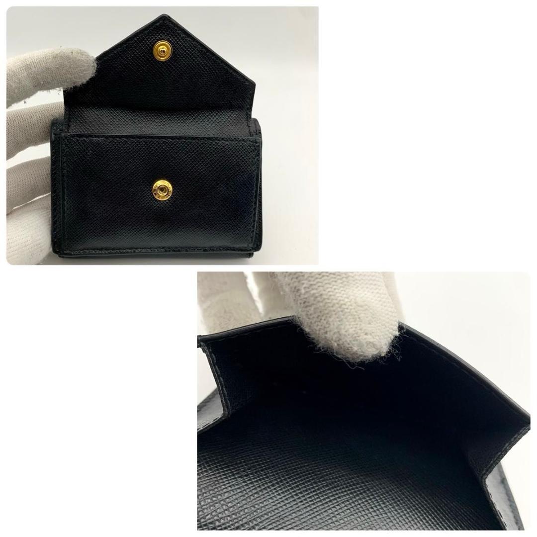 鑑定済み プラダ 三つ折り 財布 Wホック サフィアーノ レザー コンパクト 黒