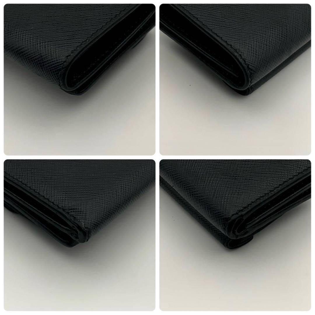 鑑定済み プラダ 三つ折り 財布 Wホック サフィアーノ レザー コンパクト 黒