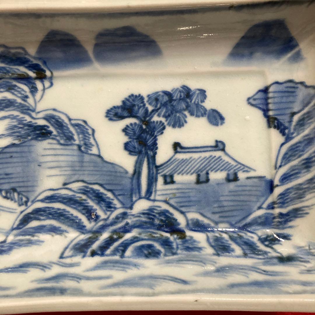 古陶磁　古伊万里　白磁染付山水図長皿　無傷完品　（江戸期）