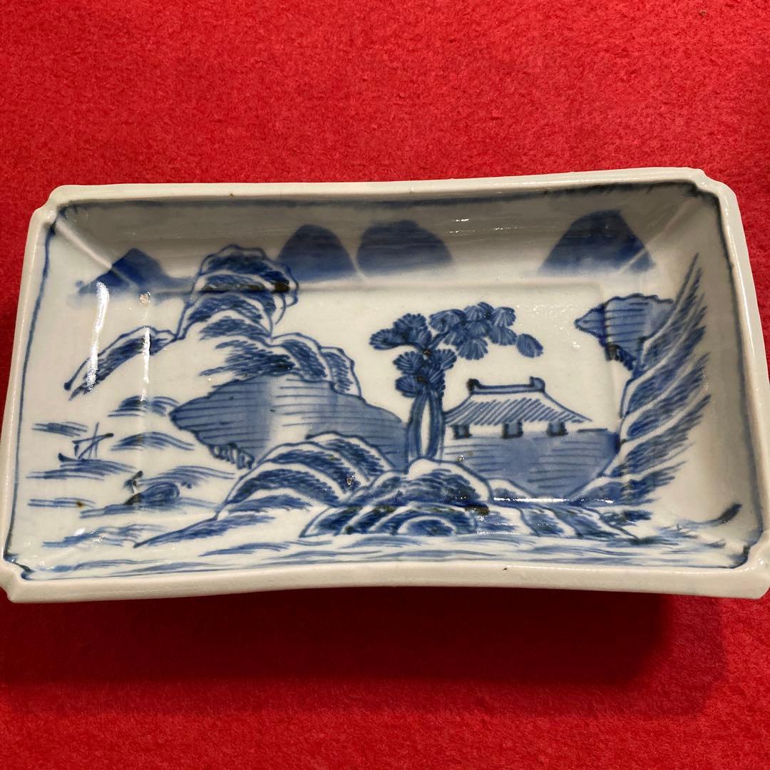 古陶磁　古伊万里　白磁染付山水図長皿　無傷完品　（江戸期）