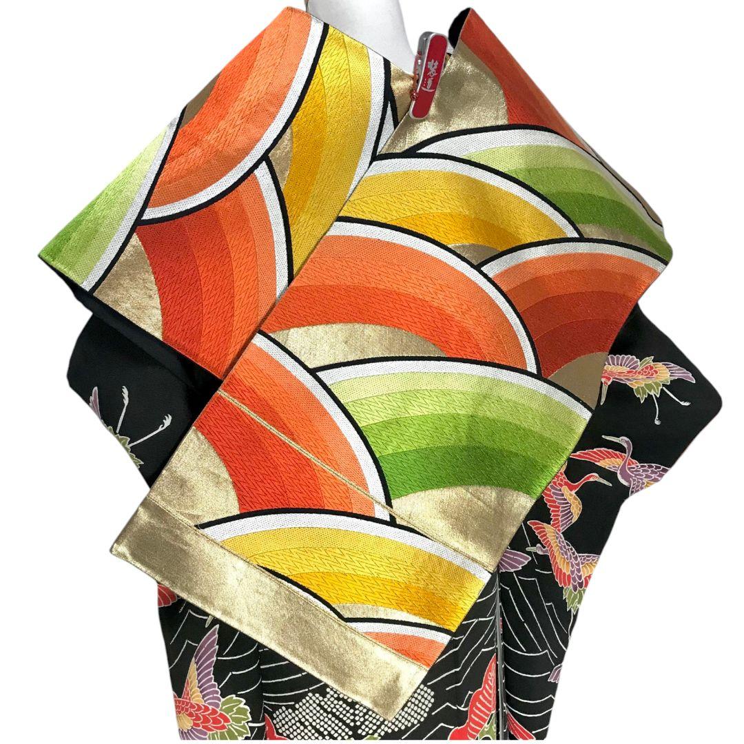 【振袖セット】松に鶴模様　黒地　6点セット　正絹　成人式　美品　アンティーク