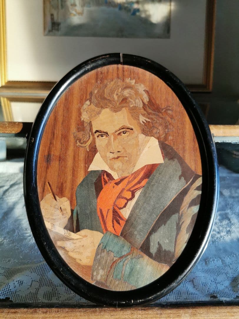 アンティークドイツ ベートーヴェン 象嵌肖像画 マホガニー ブラックフレーム