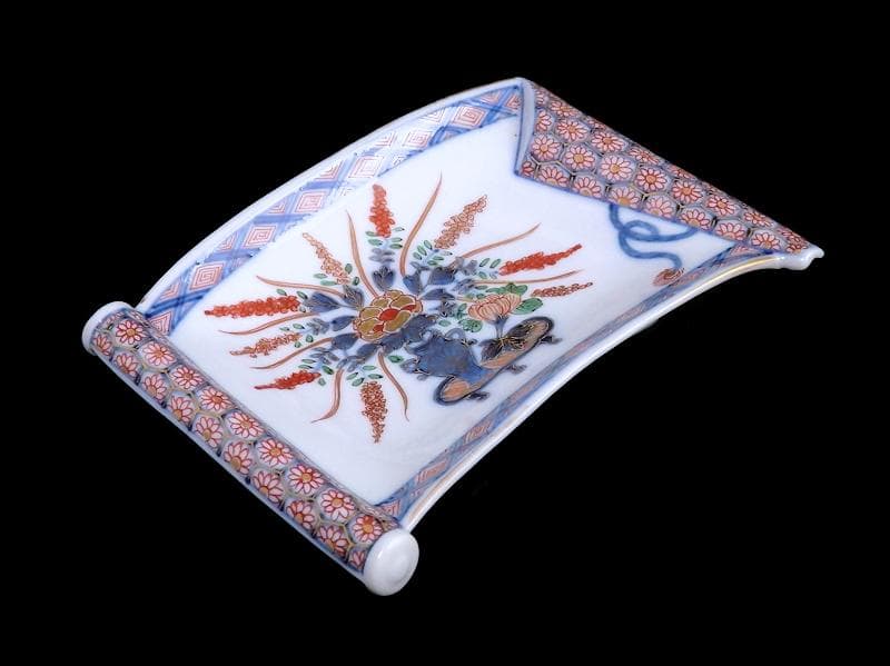 大聖寺伊万里　生け花の図　巻物型変形皿　E329AS-CQp