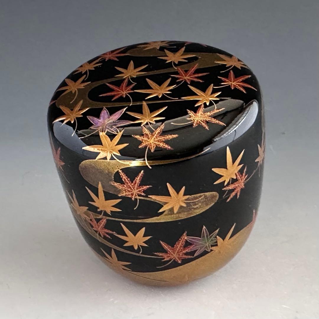 茶道具　竜田川蒔絵　内銀地　大棗　呉藤穣太郎　共箱　山中塗　漆芸　秋　紅葉　茶会