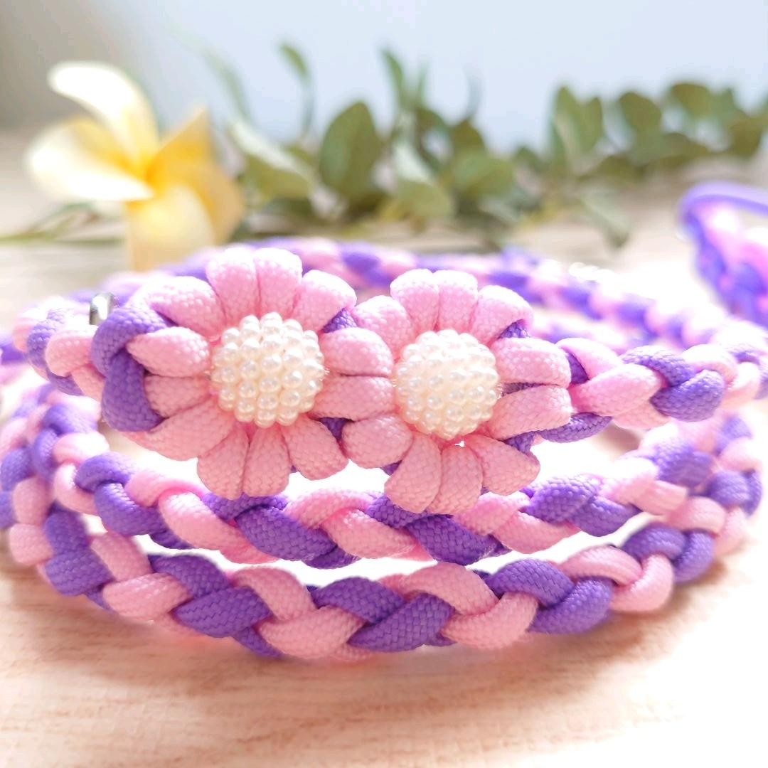 パラコードリード＆パラコード首輪　ハーフチョーク　大きめパールビーズ　№041