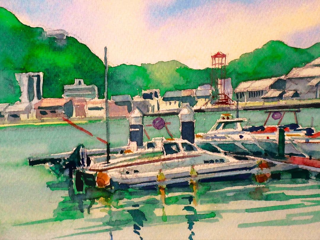 水彩画 港の風景 原画 額縁付き F6サイズ