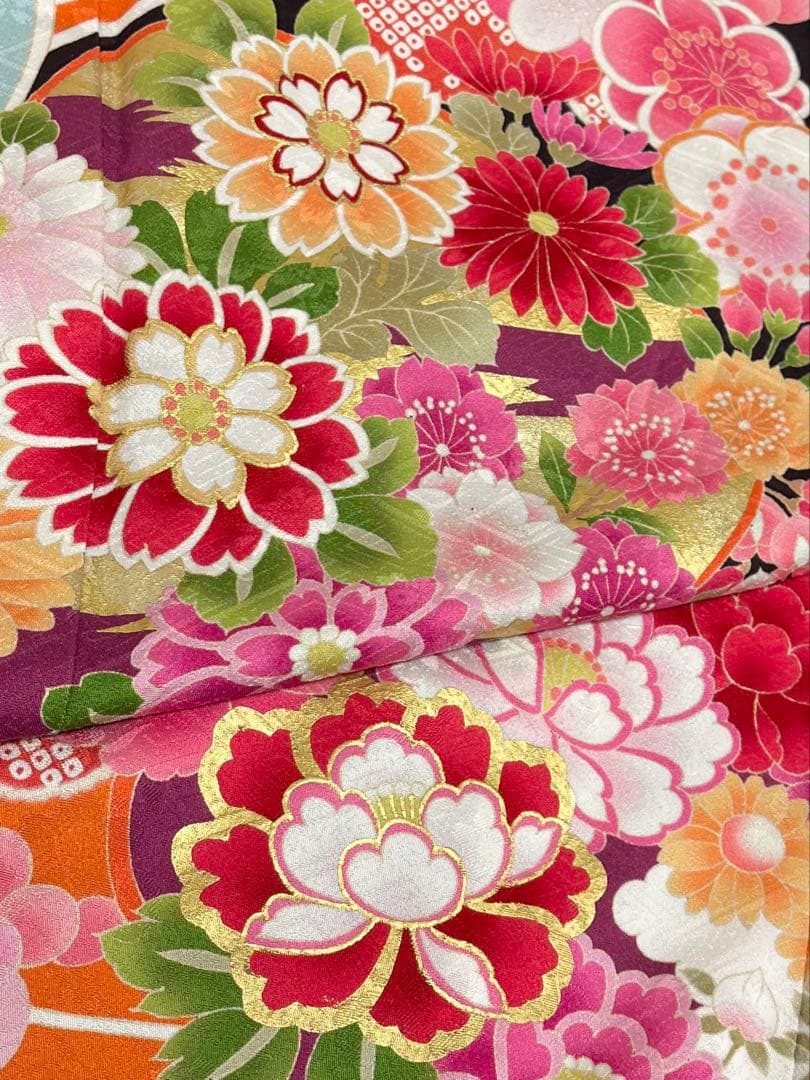 振袖 金彩 紋意匠 橙色×赤みの黒系 正絹 S161