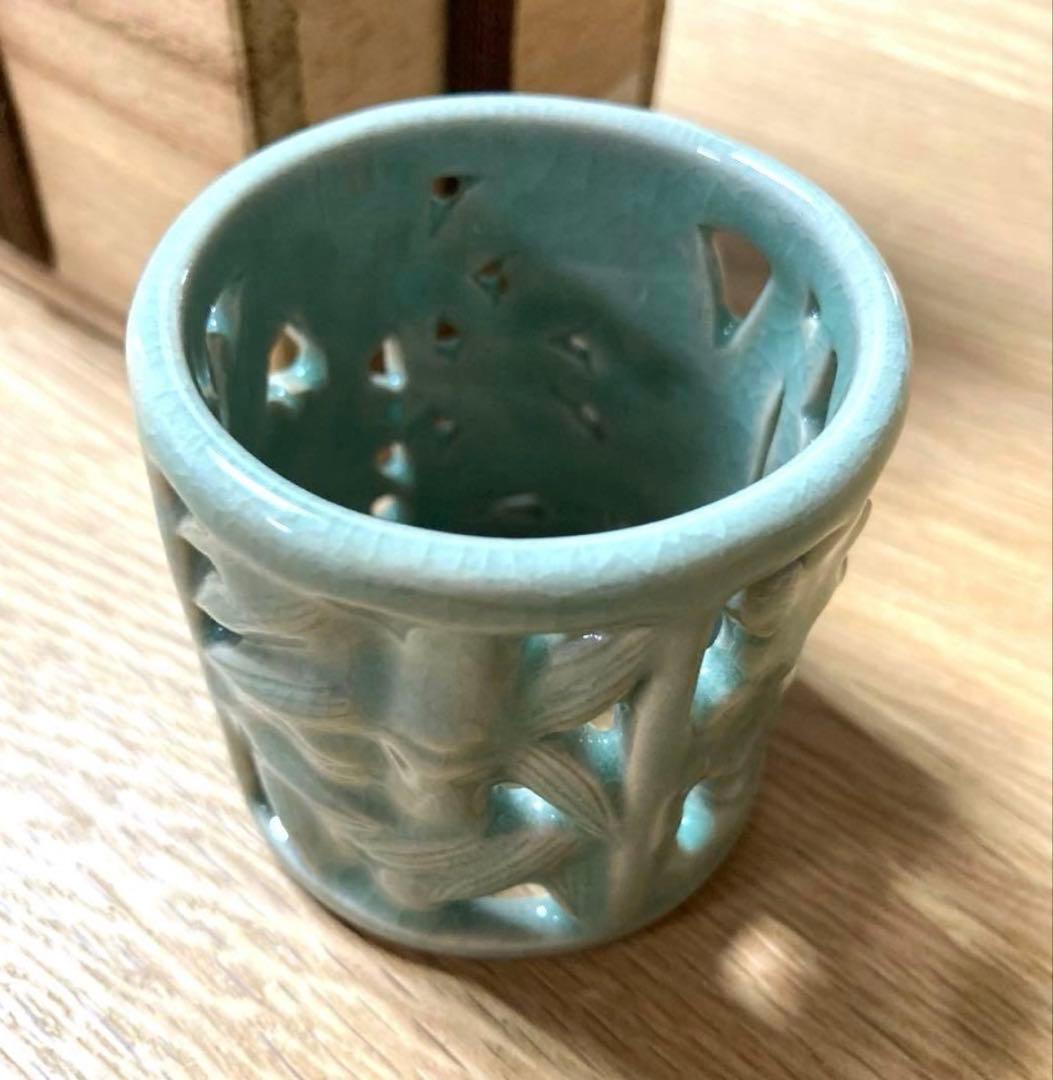 【茶道具】人間国宝 柳海剛 四君子透蓋置 高麗青磁