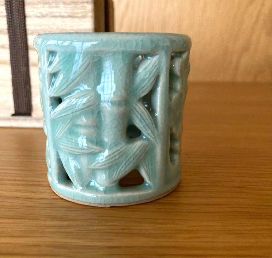 【茶道具】人間国宝 柳海剛 四君子透蓋置 高麗青磁