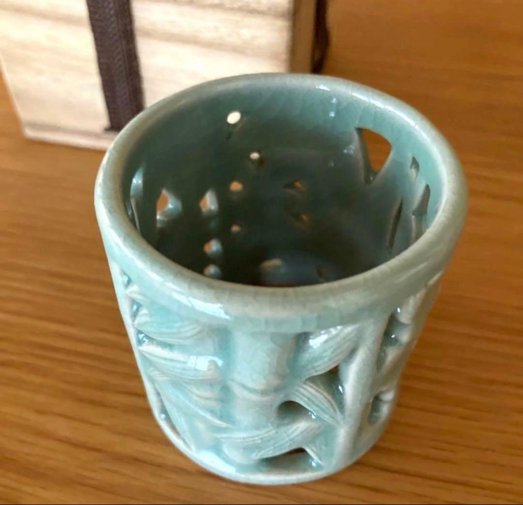 【茶道具】人間国宝 柳海剛 四君子透蓋置 高麗青磁