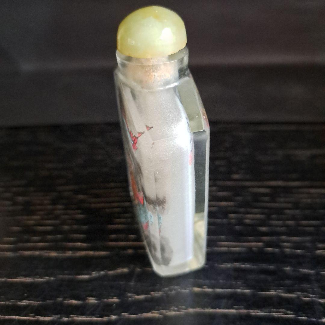 中国　清時代　硝子鼻煙壺　古玩　内絵龍文　角形精密　両面龍　内絵図　蓋◯◯牙さじ