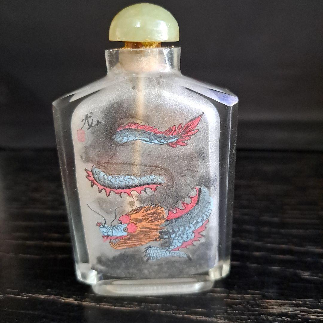 中国　清時代　硝子鼻煙壺　古玩　内絵龍文　角形精密　両面龍　内絵図　蓋◯◯牙さじ