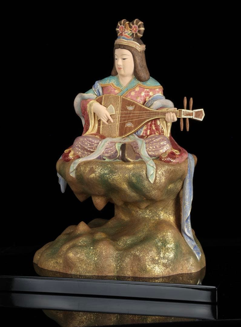 現代大仏師 向吉悠睦 秀逸作 木彫彩色像 琵琶を奏でる天女 ガラスケース 共箱付