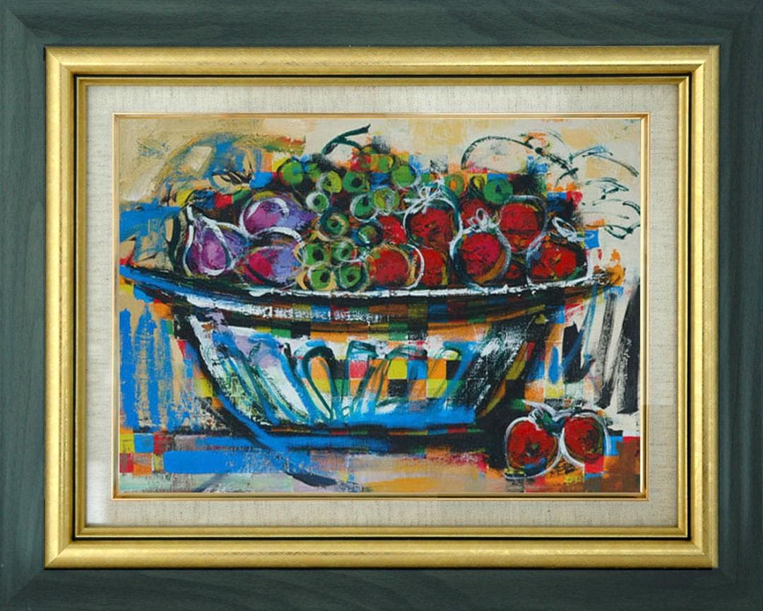 油絵 菅家令子絵 絵画インテリア 額付(青緑＋金色) uF6-120209 果物