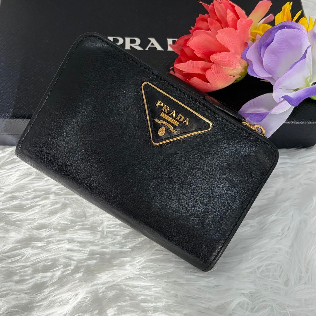 美品✨ プラダ　二つ折り財布 L字ファスナー 三角ロゴ　レザー　サフィアーノ　黒