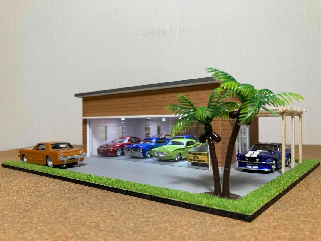 ミニカー専用ジオラマ：1/64 木造パーゴラ付ガレージ（ブラウン）期間限定セール