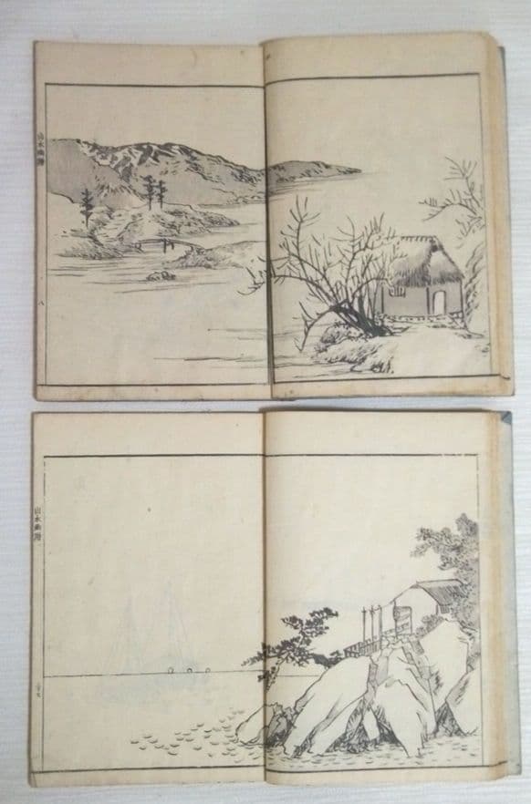 黒摺り木版画本素絢山水畫譜(山口素絢)上下二冊売りです、文化15年出版(初版)