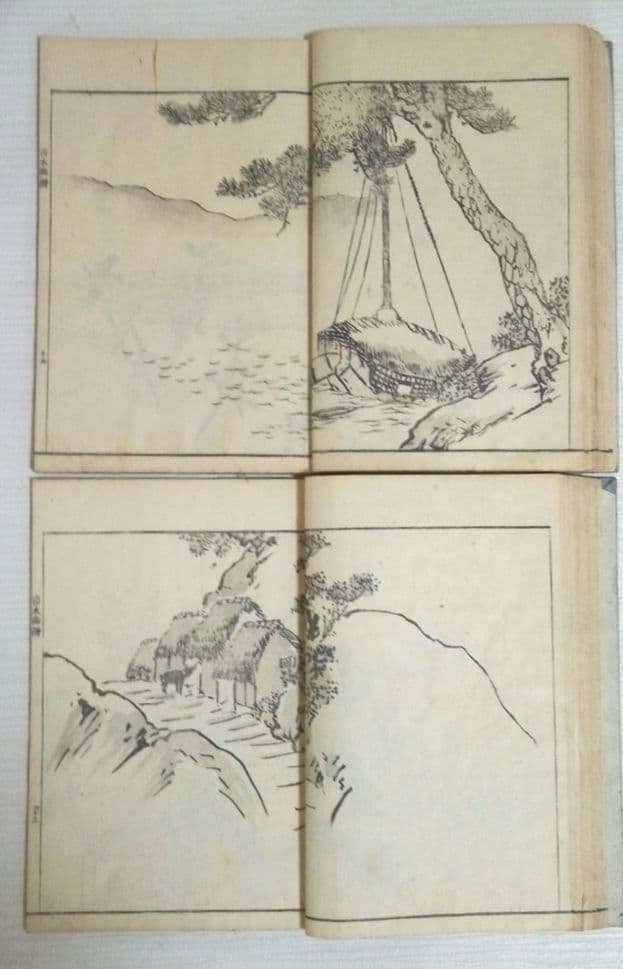 黒摺り木版画本素絢山水畫譜(山口素絢)上下二冊売りです、文化15年出版(初版)