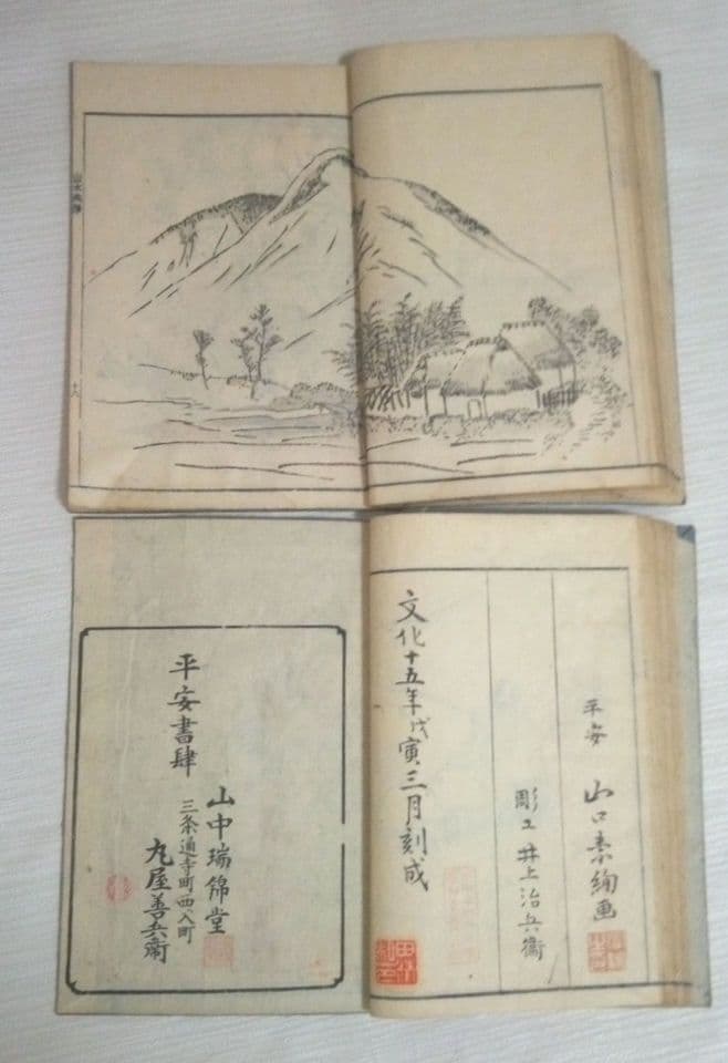 黒摺り木版画本素絢山水畫譜(山口素絢)上下二冊売りです、文化15年出版(初版)