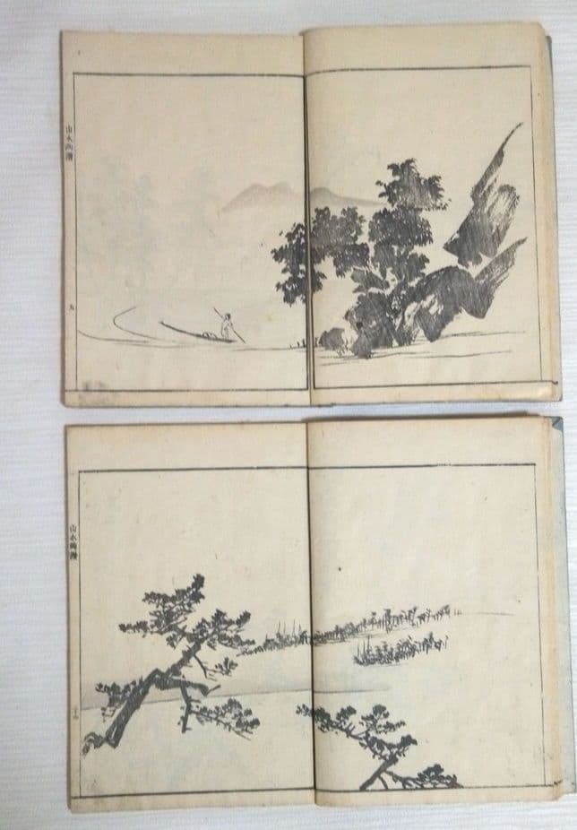 黒摺り木版画本素絢山水畫譜(山口素絢)上下二冊売りです、文化15年出版(初版)