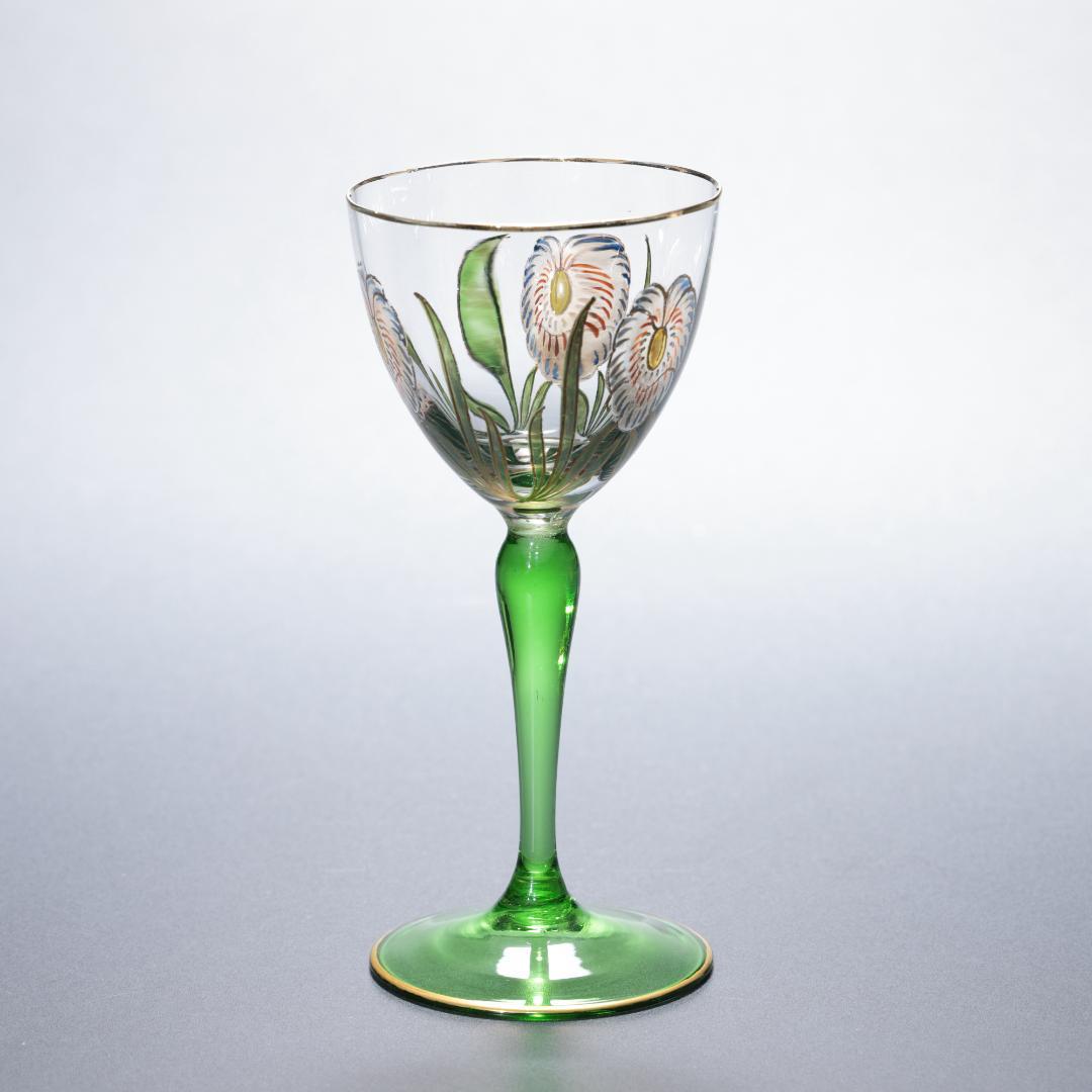 【美品】アンティークグラス　エナメル彩　花　ステム緑　R1338ダI