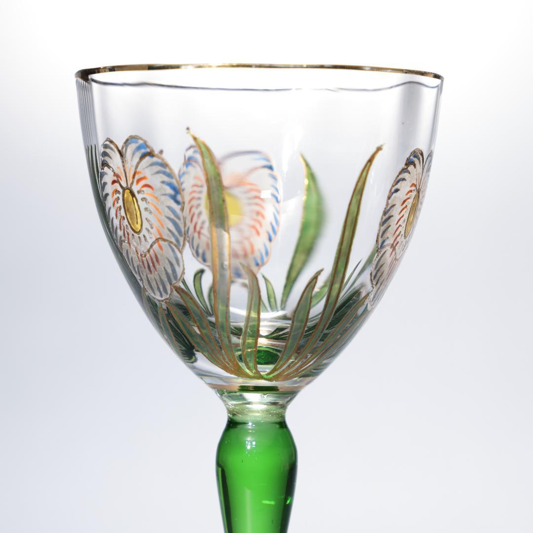 【美品】アンティークグラス　エナメル彩　花　ステム緑　R1338ダI