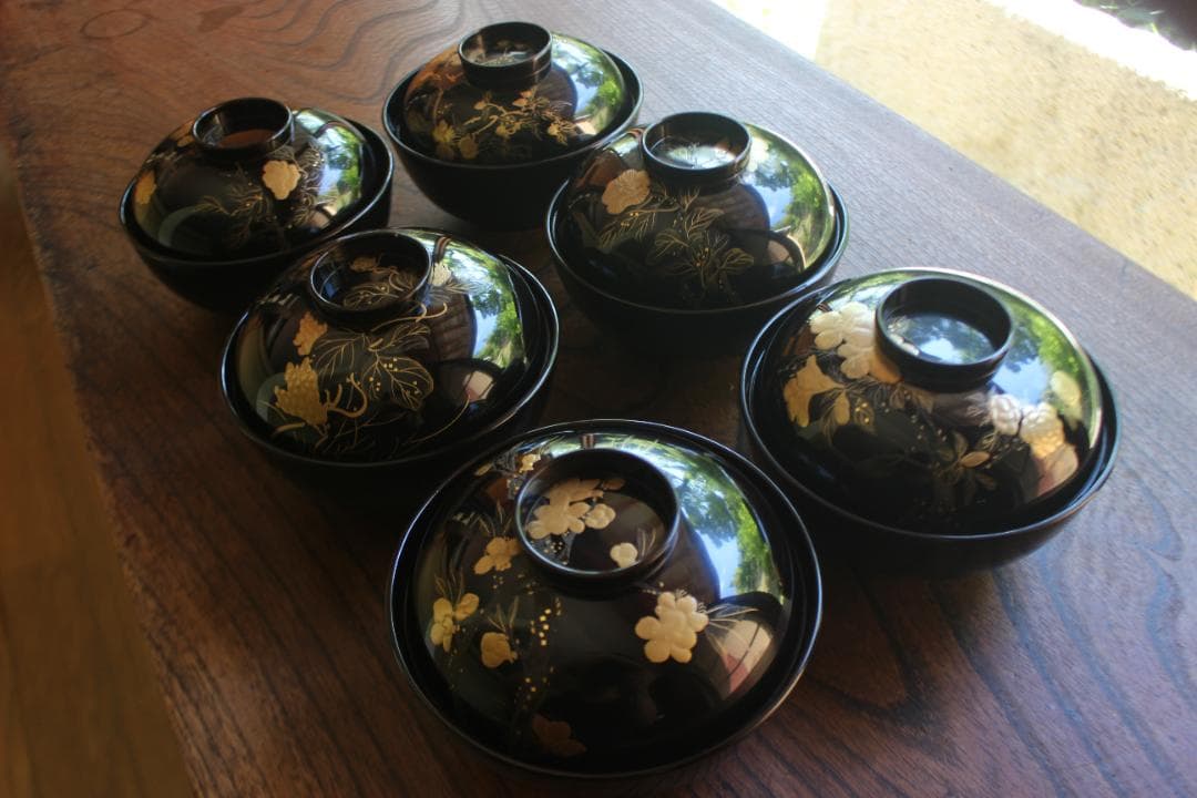 ばら売り可！上質黒漆に極上絵替草花蒔絵のお椀6点（検輪島塗蒔絵椀懐石椀