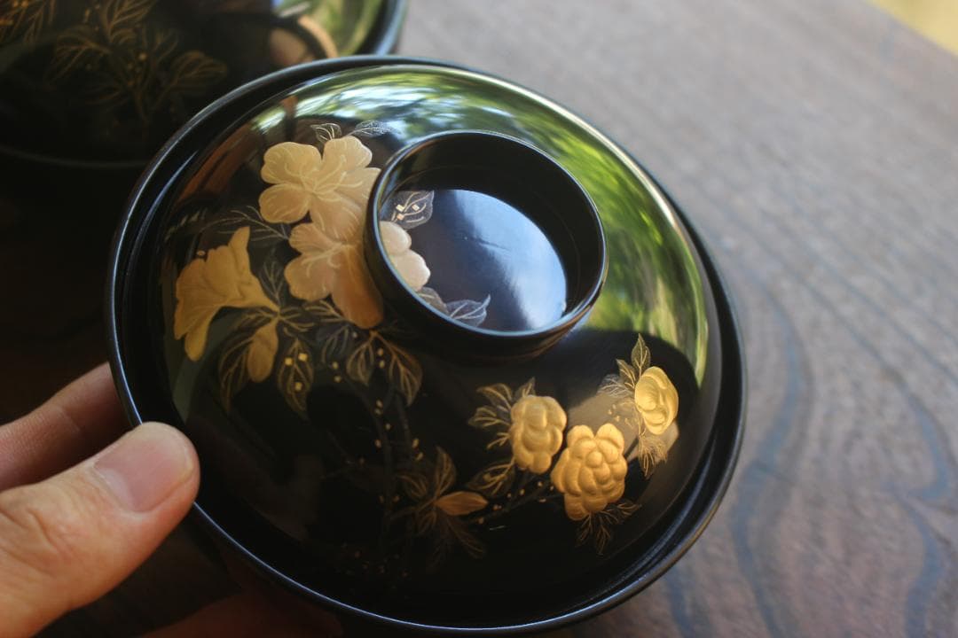 ばら売り可！上質黒漆に極上絵替草花蒔絵のお椀6点（検輪島塗蒔絵椀懐石椀