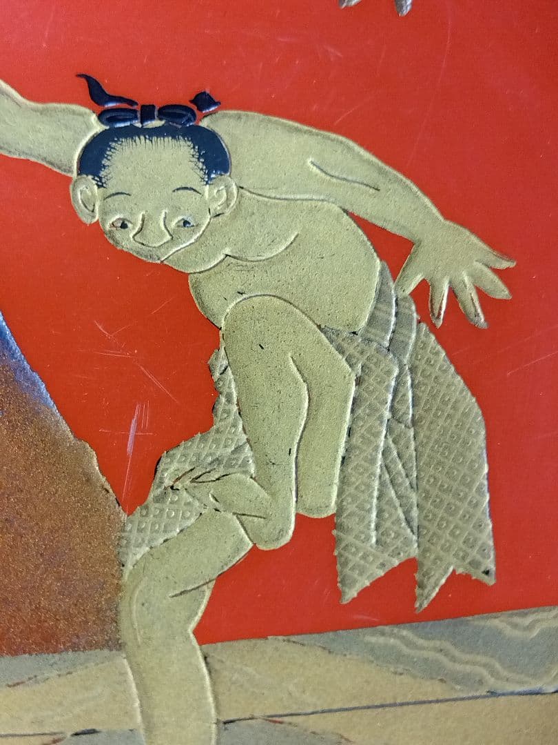 輪島塗　朱塗　時代蒔絵金人物銀富士蒔絵 杯一対　漆芸　共箱　１客の高台にアタリ有