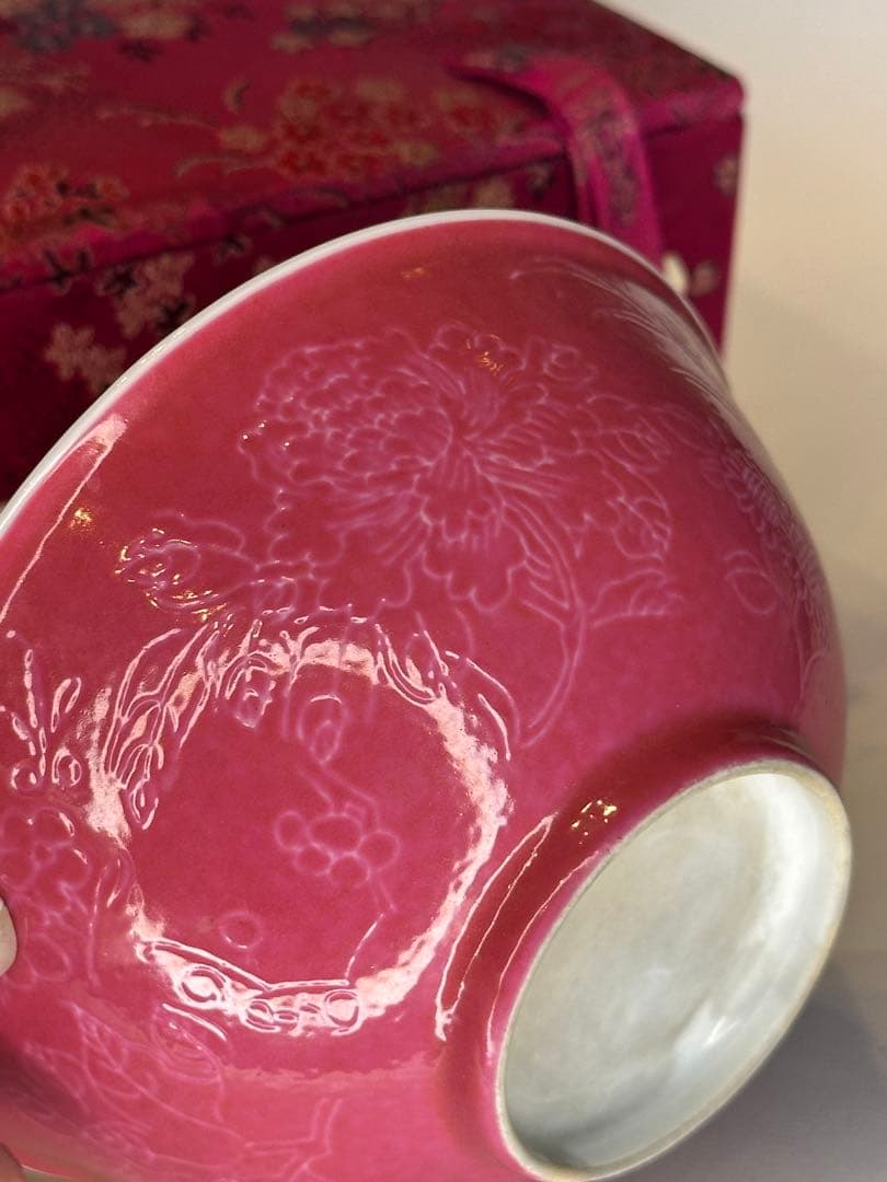 玫紅釉 粉釉 花卉文 碗　荷花・向日葵・牡丹文　中国古美術　時代物　錦箱付