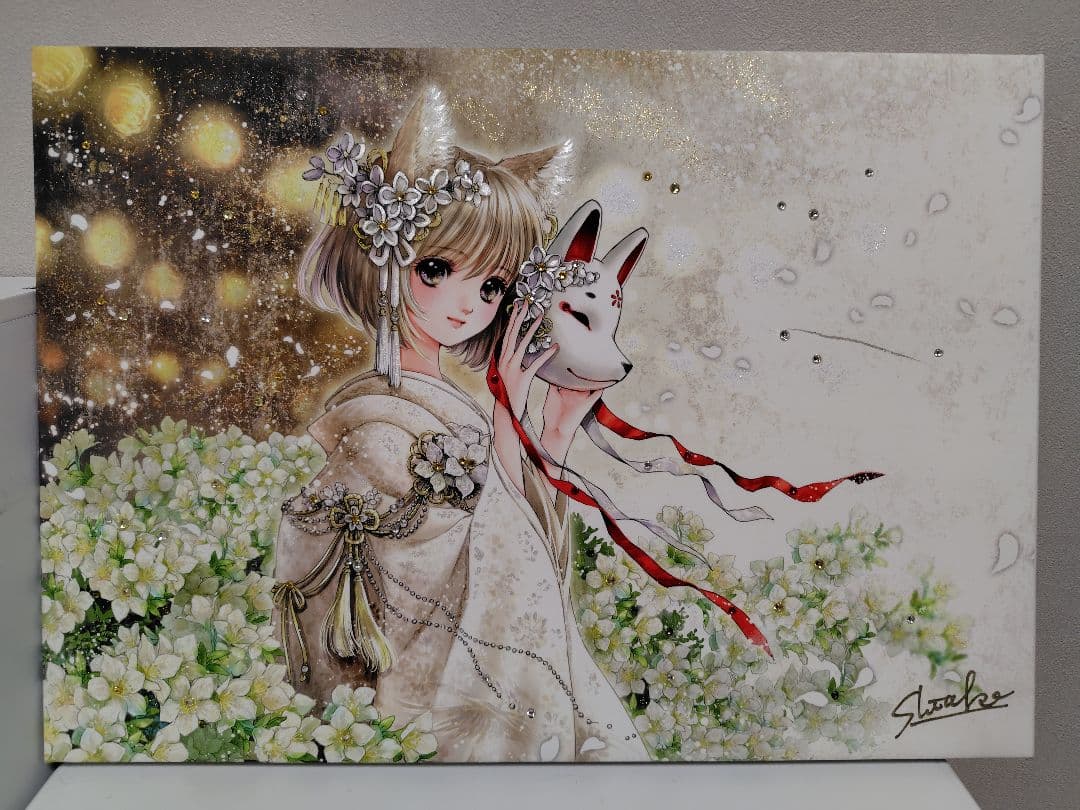 幻想堂　キャンバスアート 白無垢狐 直筆イラスト&サイン入り