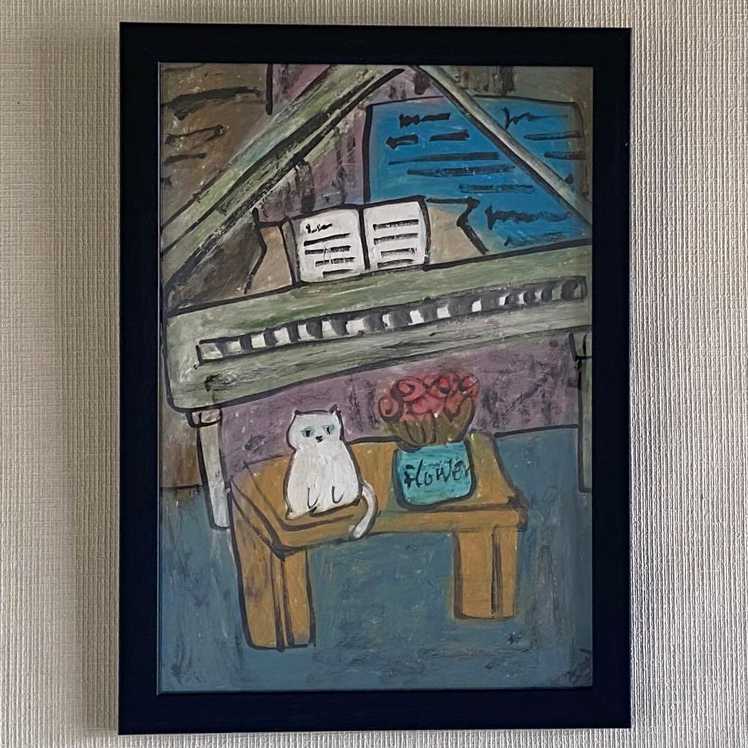 絵画。壁掛け原画【ピアノの部屋の椅子の上の白い猫と美しい花】