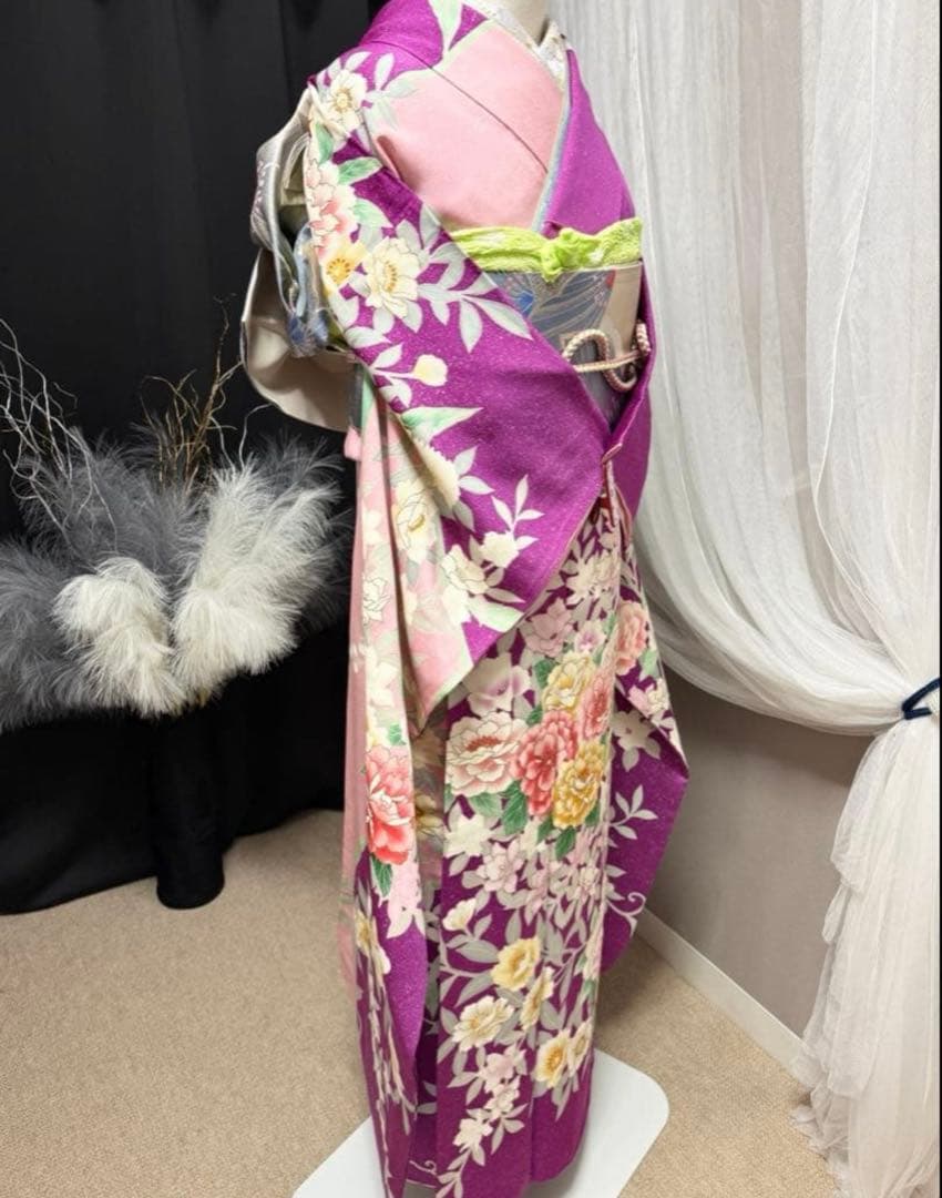 美品　正絹　振袖　単品販売　パープル　ピンク　157〜167cm