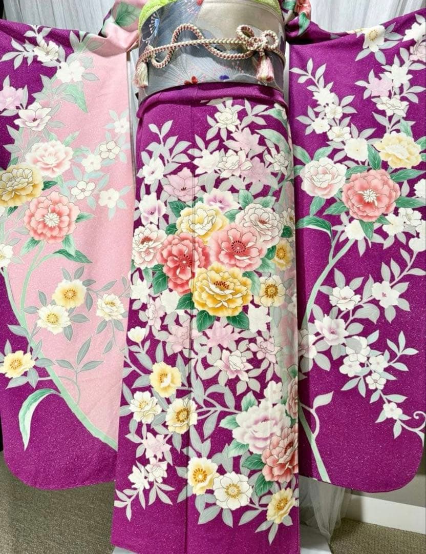 美品　正絹　振袖　単品販売　パープル　ピンク　157〜167cm