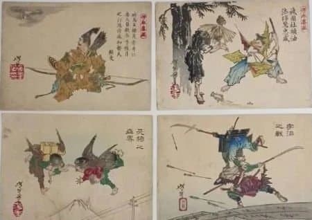 浮世絵版画、芳年略画4枚売り中版、天狗、頼政、忠盛、宇治の戦い、明治15年出版