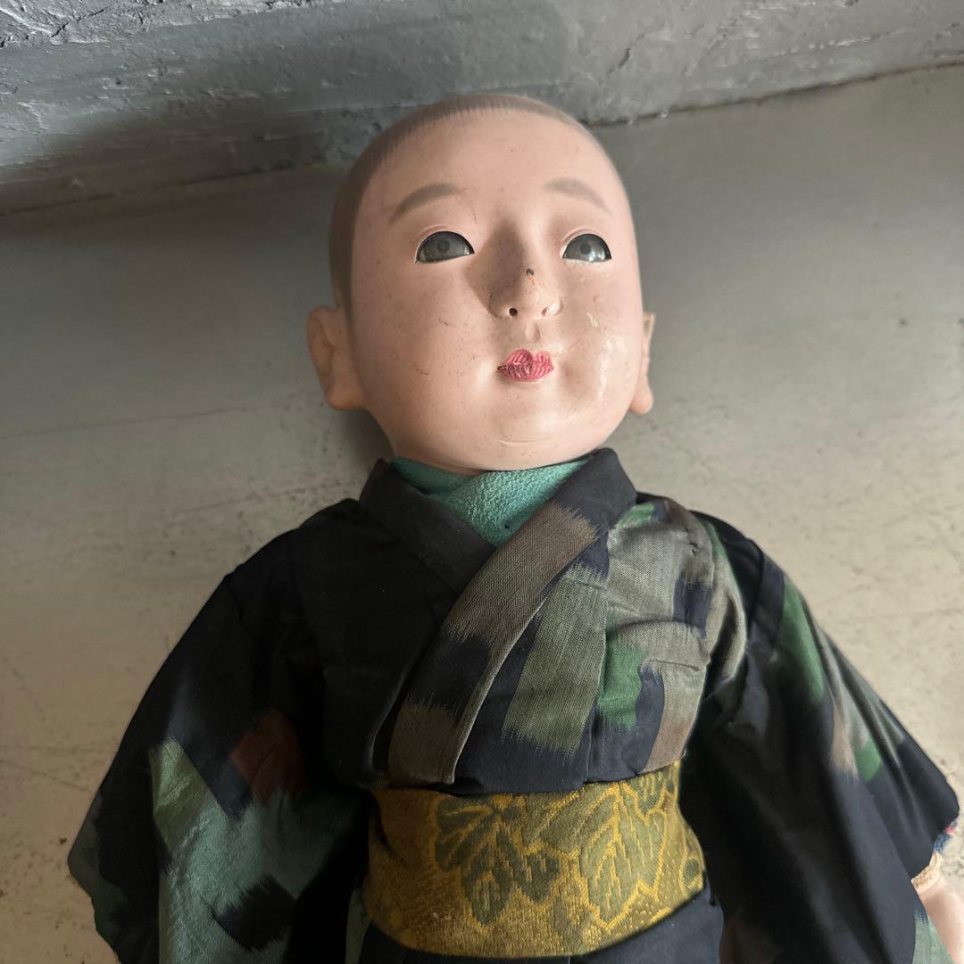 ヴィンテージ　市松人形 男の子　黒と緑の模様