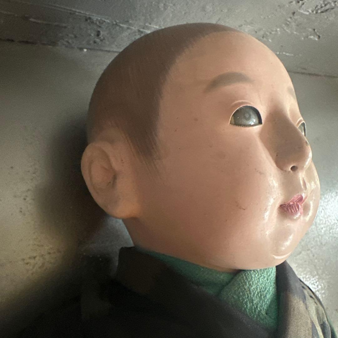 ヴィンテージ　市松人形 男の子　黒と緑の模様