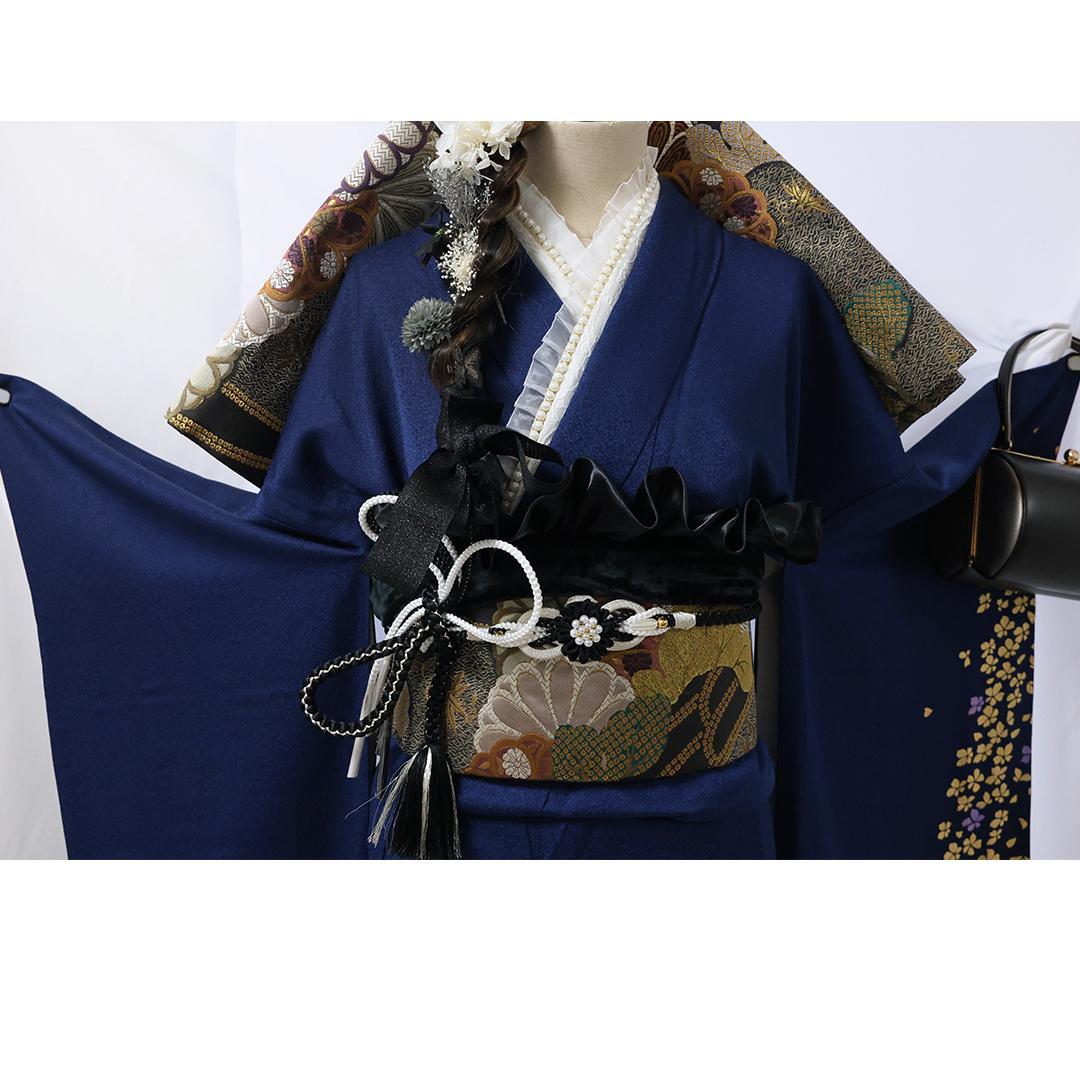 蝶柄◆166cm振袖7点セット ◆フルセットネイビー系成人式紺色前撮りSf04