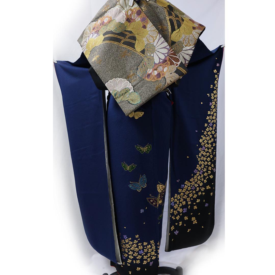 蝶柄◆166cm振袖7点セット ◆フルセットネイビー系成人式紺色前撮りSf04