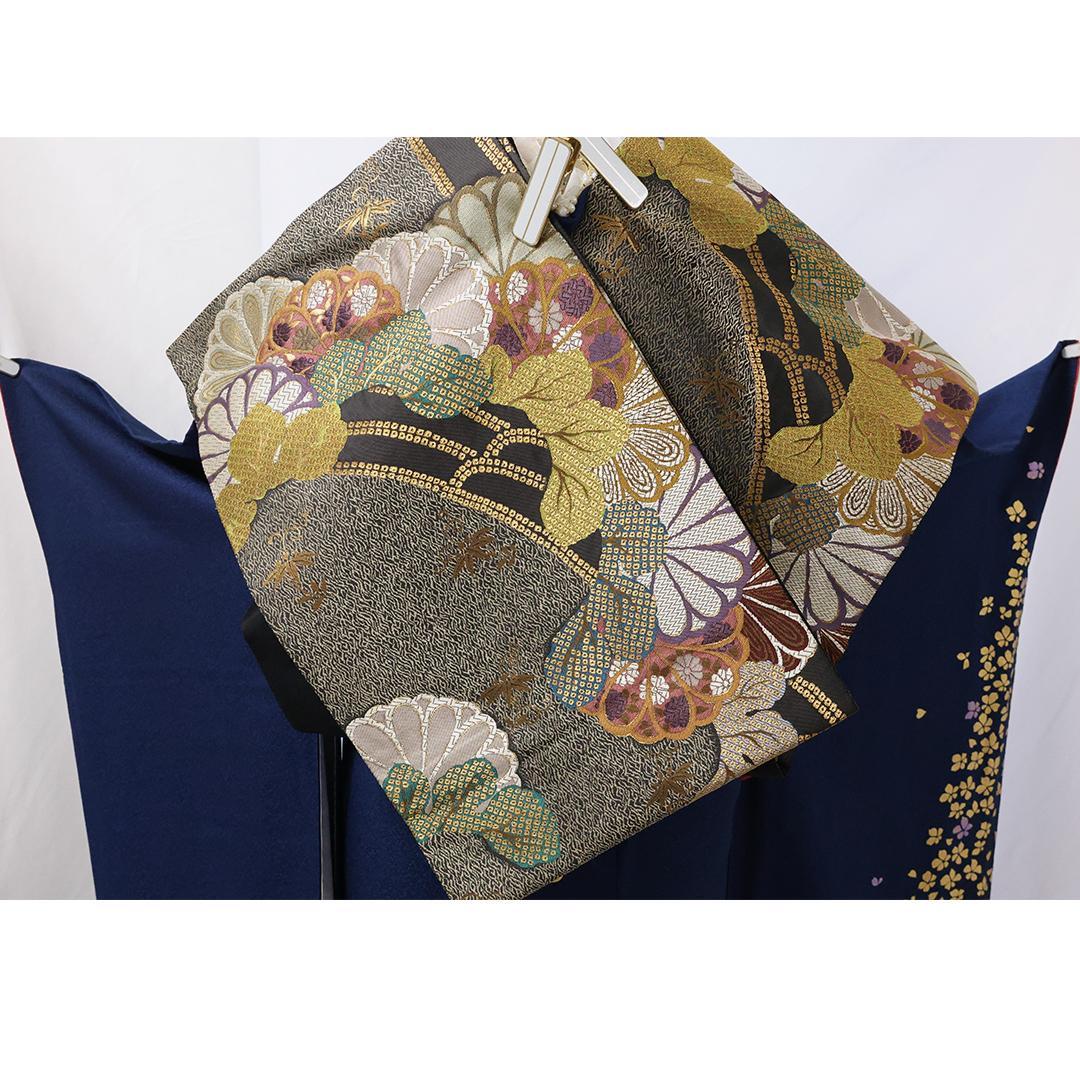 蝶柄◆166cm振袖7点セット ◆フルセットネイビー系成人式紺色前撮りSf04