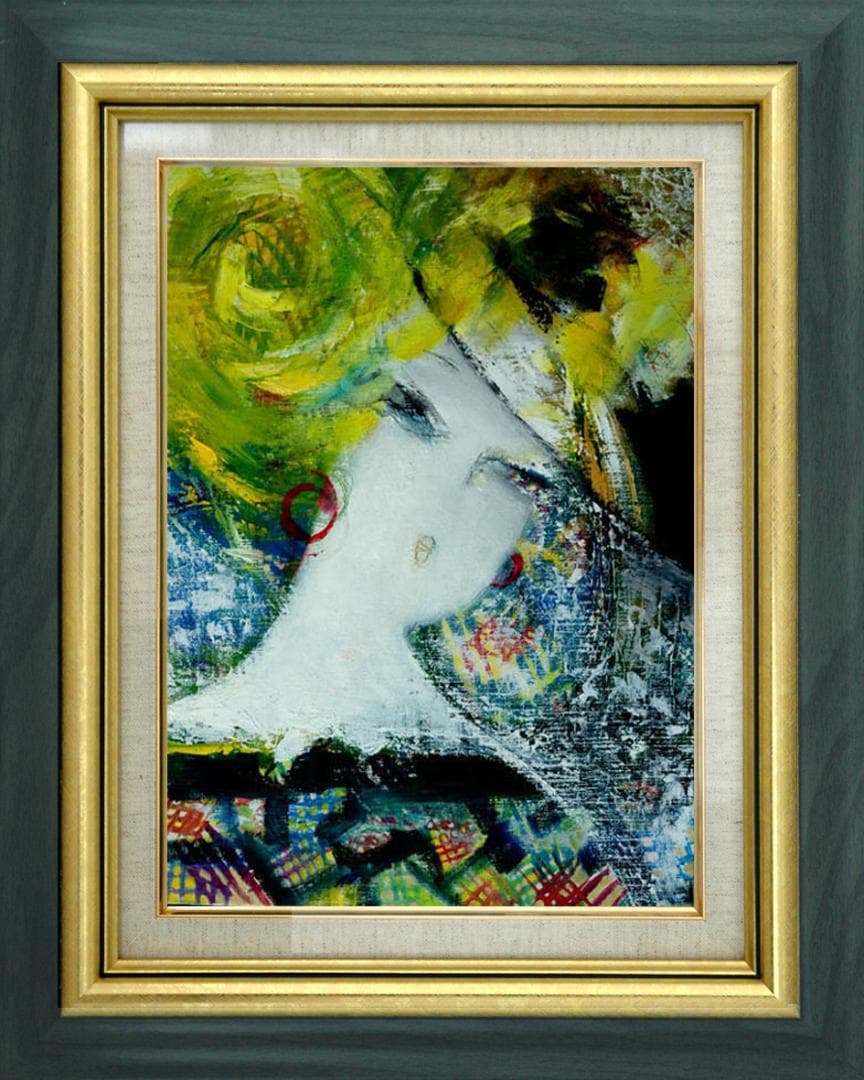 油絵 菅家令子 絵 絵画インテリア額付(青緑＋金色の枠) F6-080312女性