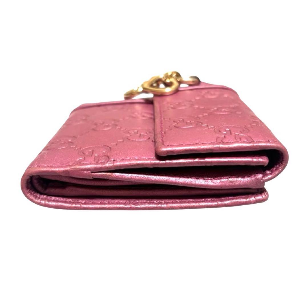 グッチ　折り財布　GGシマ　レザー　メタルピンク　チャーム　ハート　Wホック