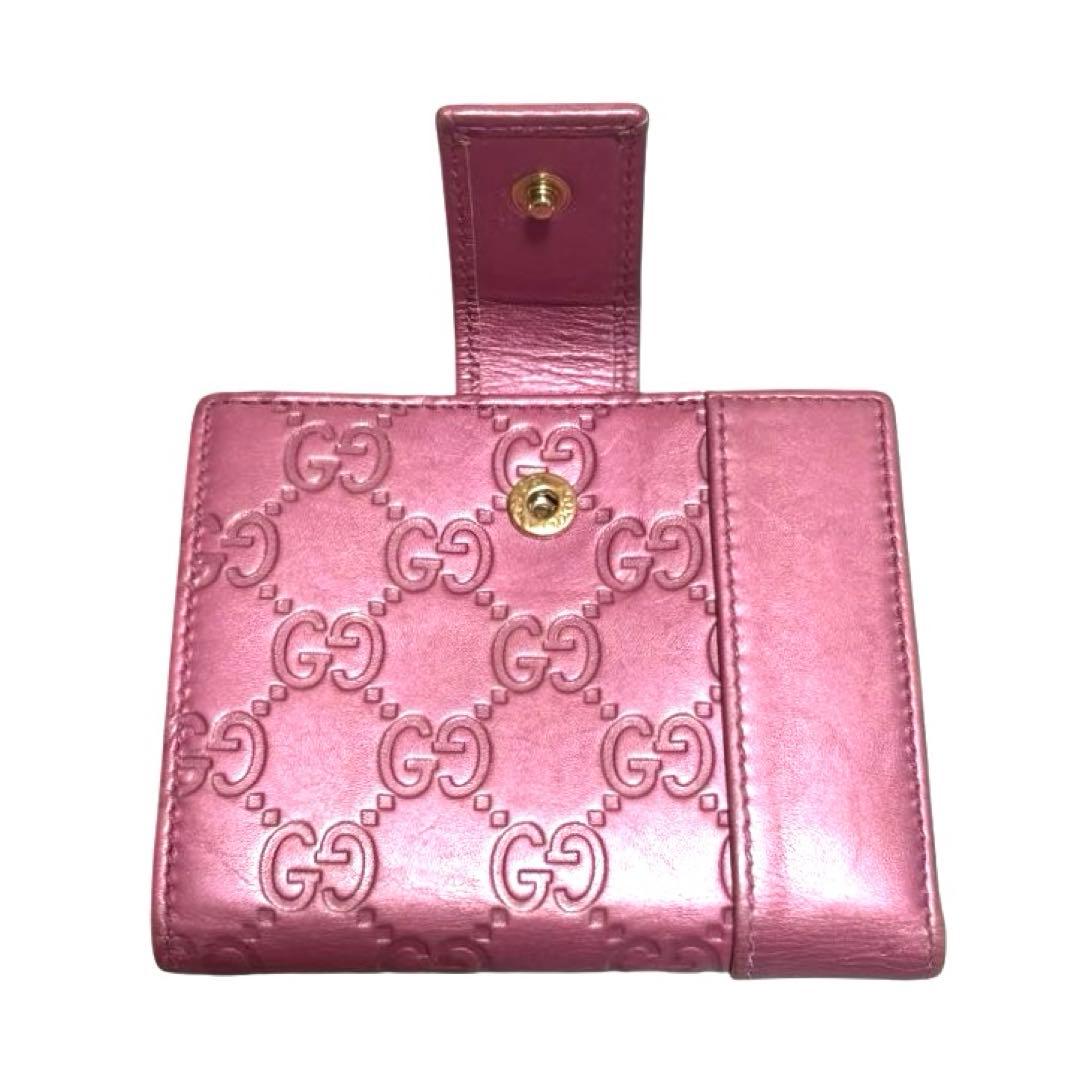 グッチ　折り財布　GGシマ　レザー　メタルピンク　チャーム　ハート　Wホック